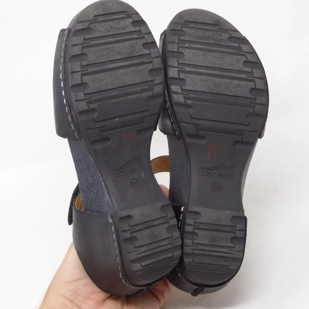 Dansko Tracy Womens Wedge Sandals Black Leather Peep Toe Comfort 36
